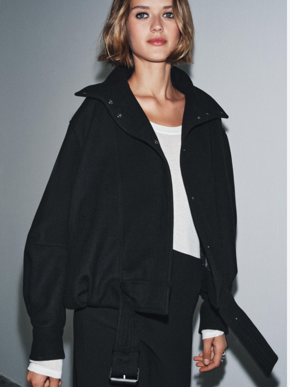 Zara ZW Collection Minimal Wool Bomber Jacket Black XS 3736/248/800